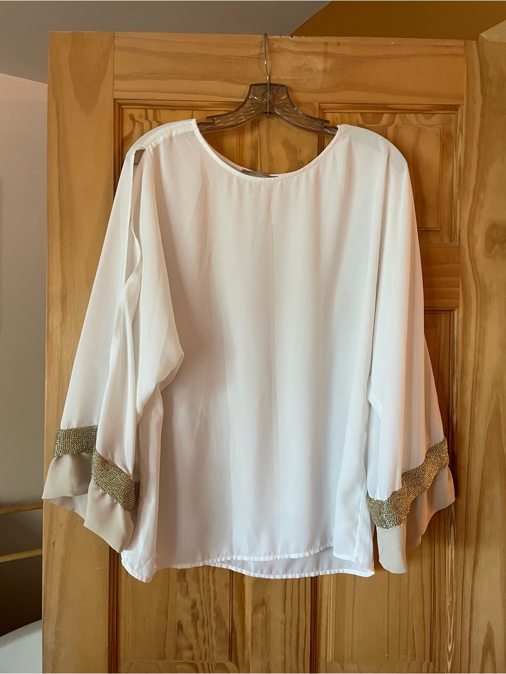Joan Vass White Blouse with Gold-Tone Beaded Cuffs